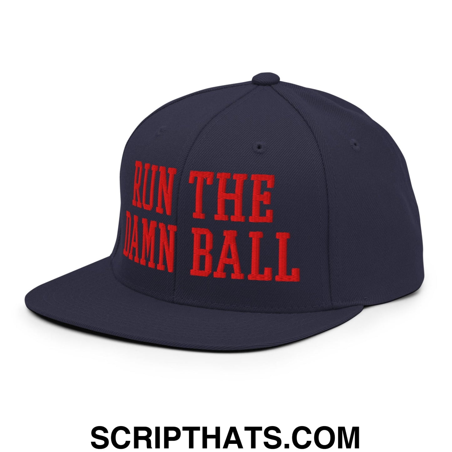 Navy blue snapback cap with bold red embroidered run the damn ball text and flat bill brim design