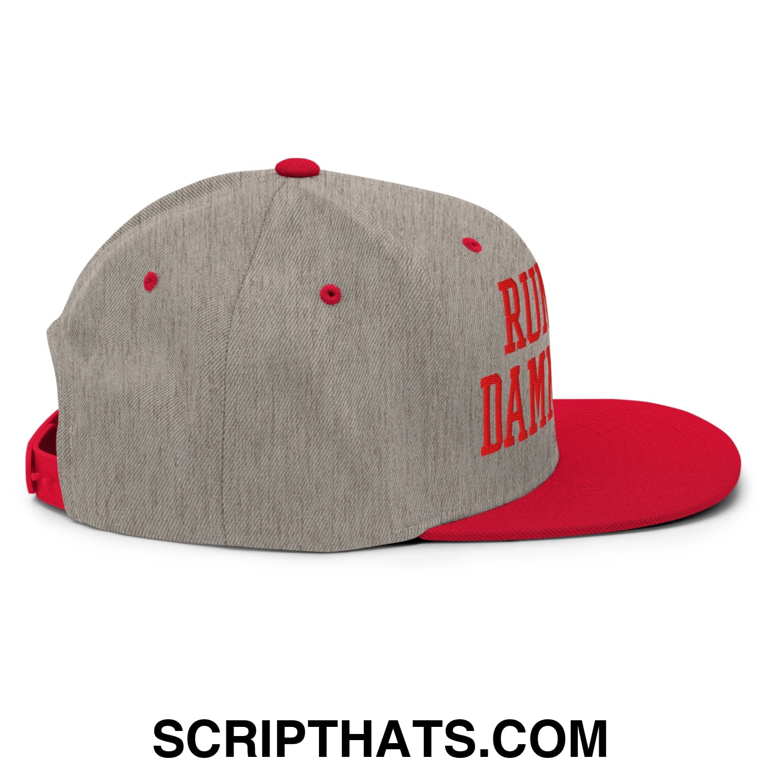 Gray and red snapback cap with bold red rudy dame embroidery on the side featuring a flat bill brim design