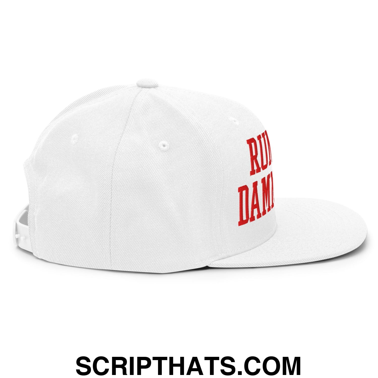 White flat bill snapback cap with red embroidered run damn text on the side from run the damn ball collection