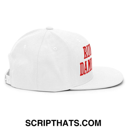 White flat bill snapback cap with red embroidered run damn text on the side from run the damn ball collection
