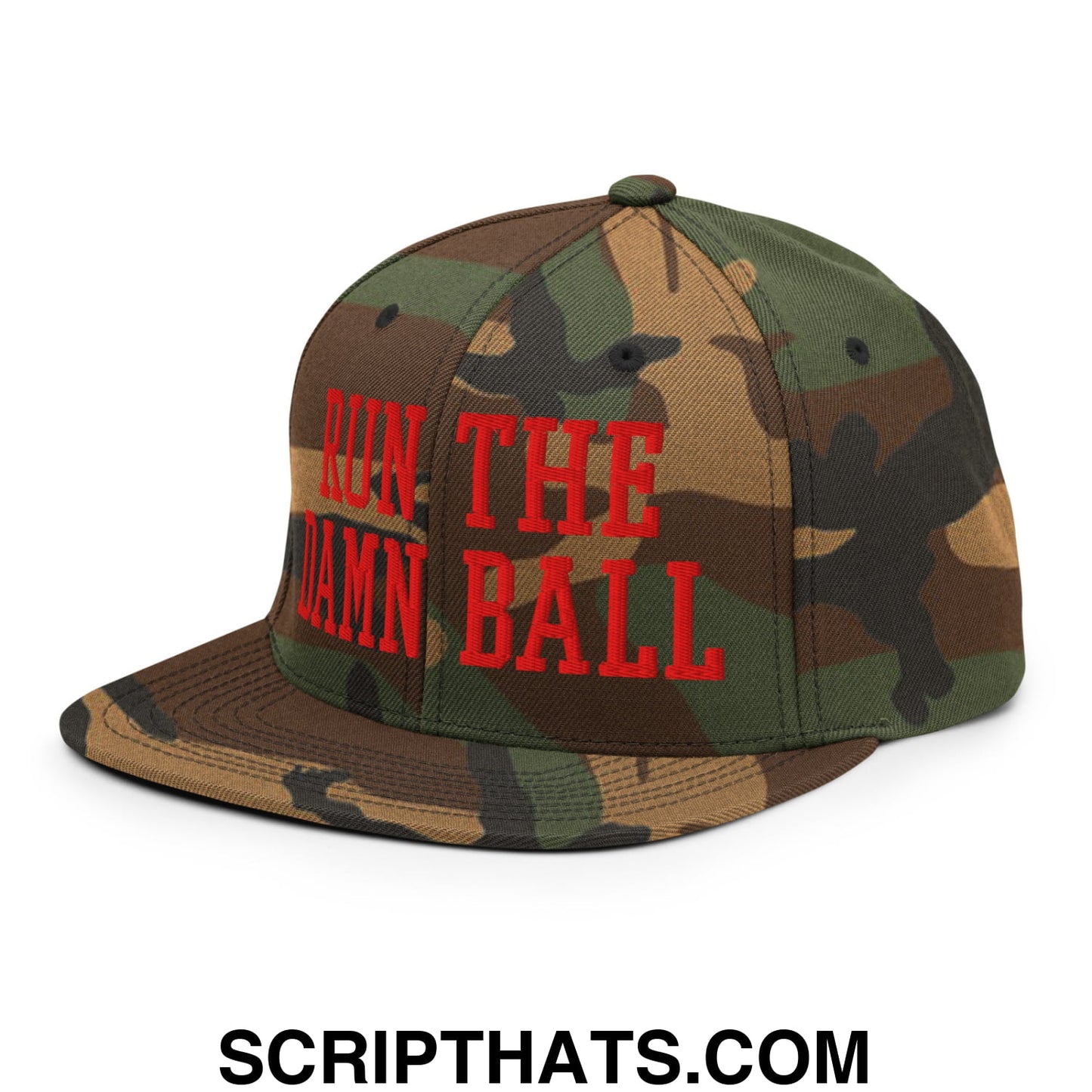 A camouflage snapback hat with bold red embroidered run the damn ball text and a flat bill brim design