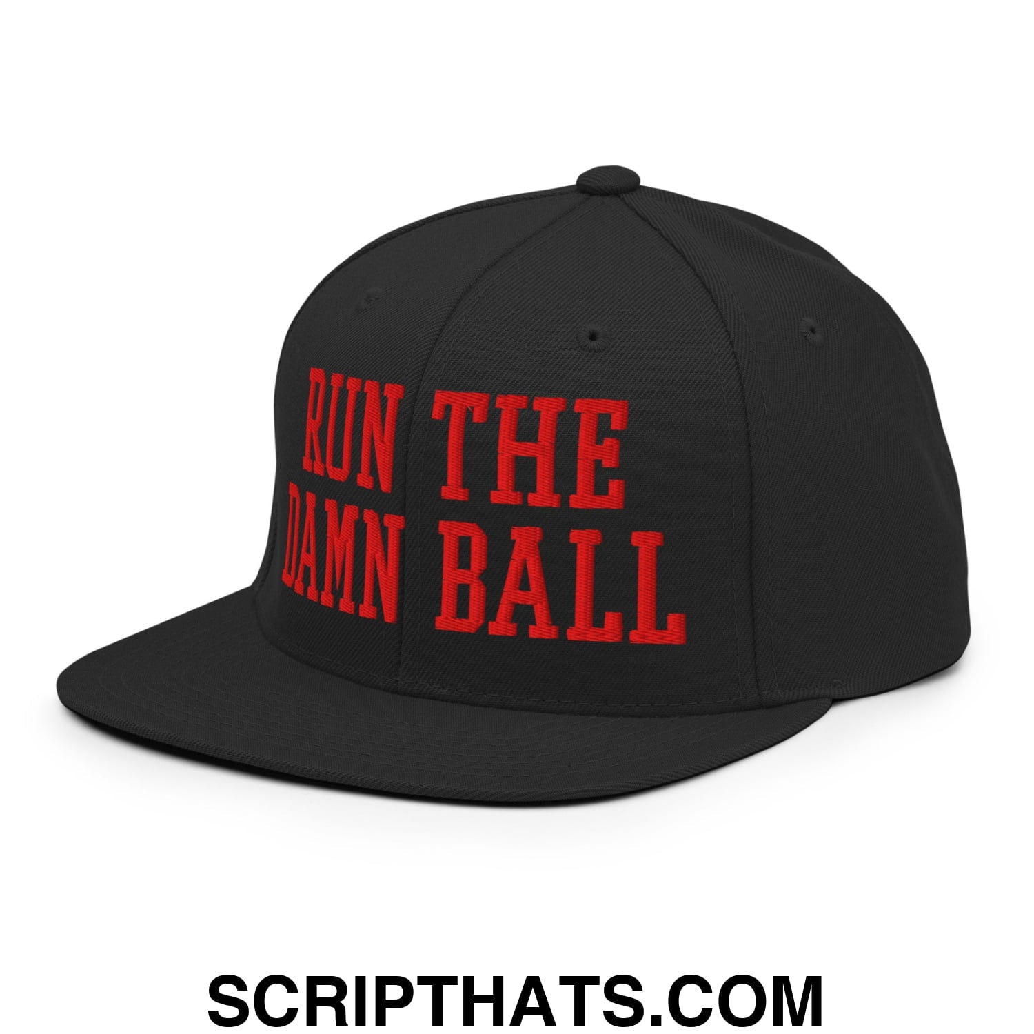 Black snapback hat with bold red embroidered run the damn ball text and flat bill brim for casual wear