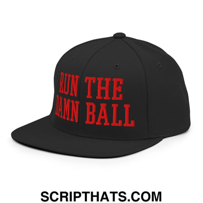 Black snapback hat with bold red embroidered run the damn ball text and flat bill brim for casual wear