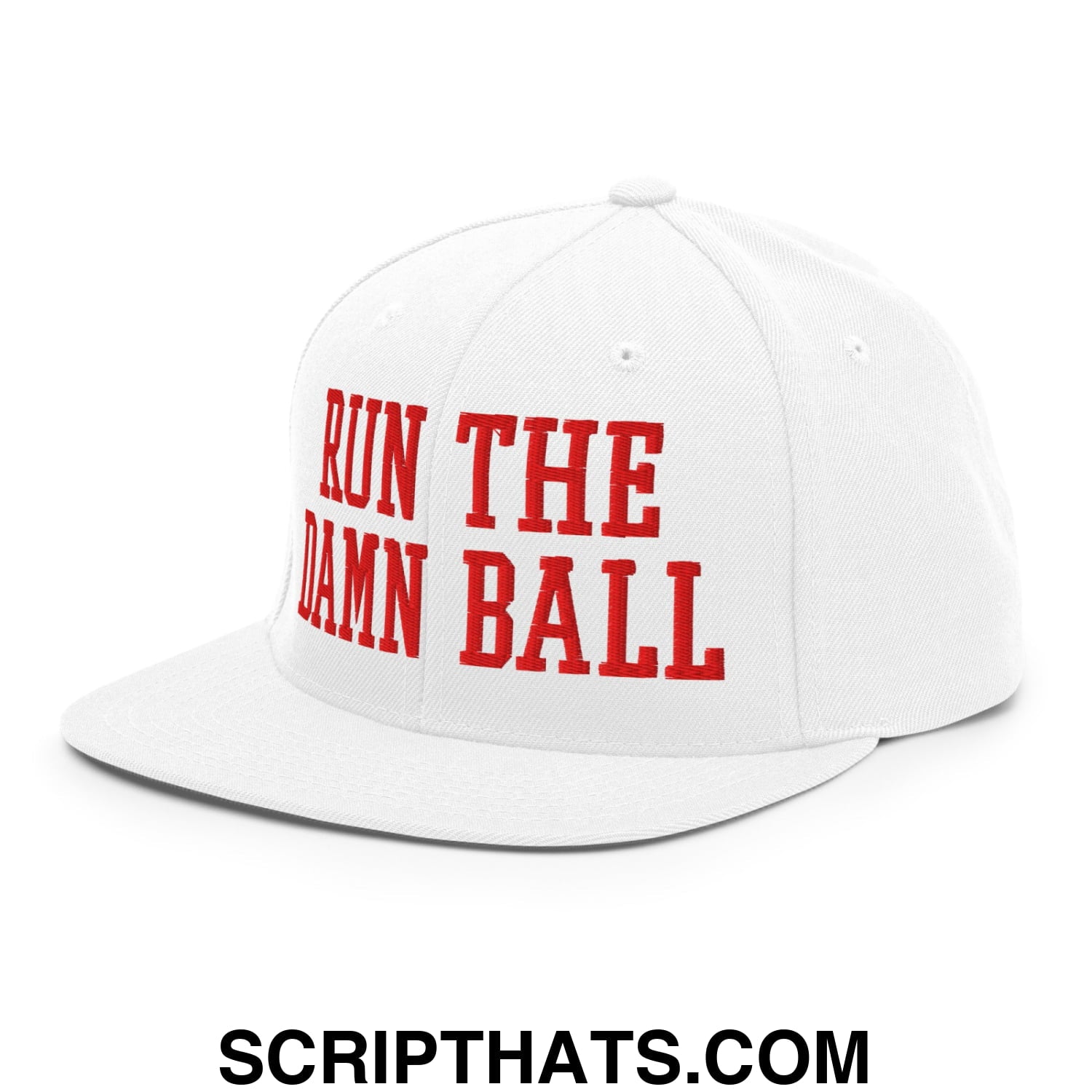 White snapback cap with bold red embroidered run the damn ball text and flat bill brim for casual wear