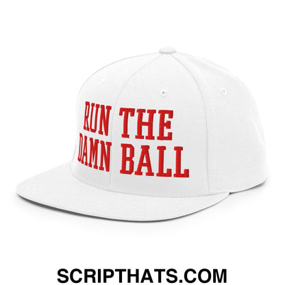 White snapback cap with bold red embroidered run the damn ball text and flat bill brim for casual wear