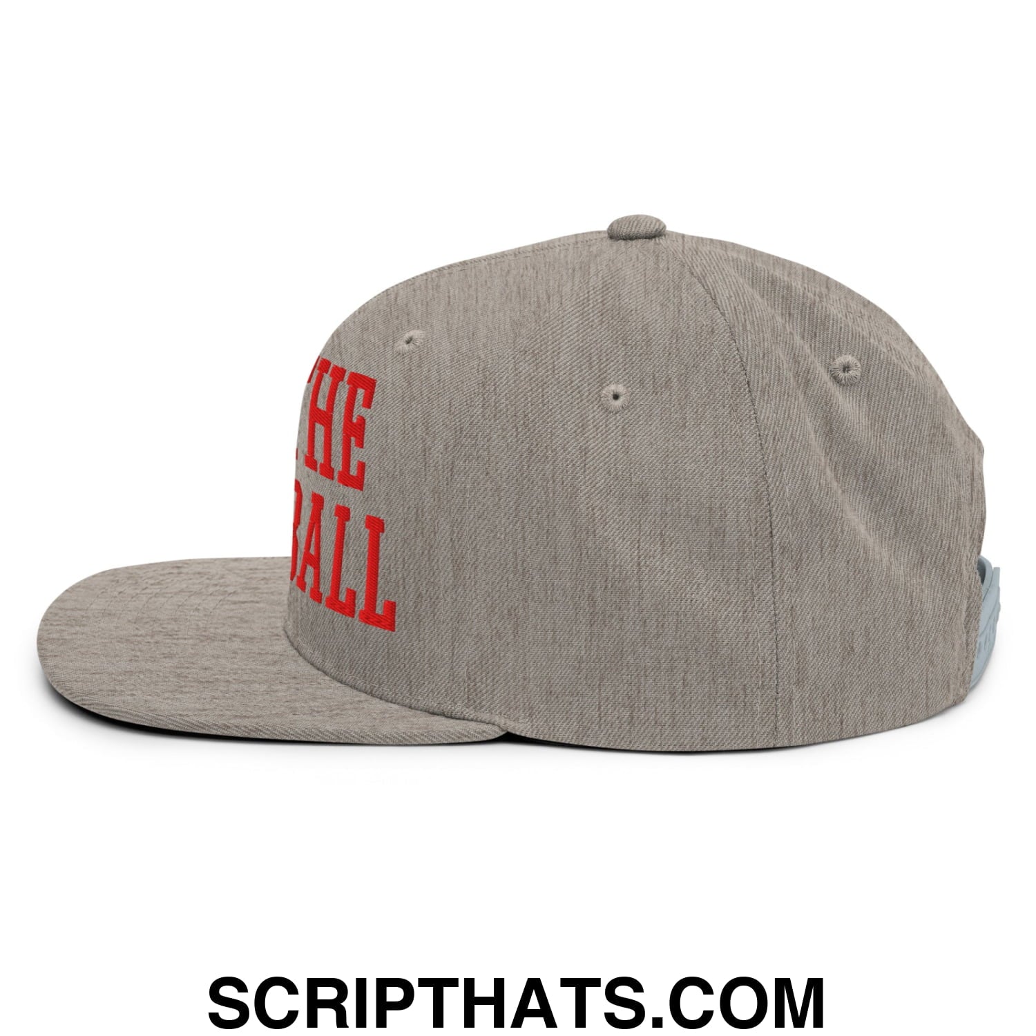 Gray heathered snapback cap with bold red the ball embroidery on the side flat bill brim for casual wear