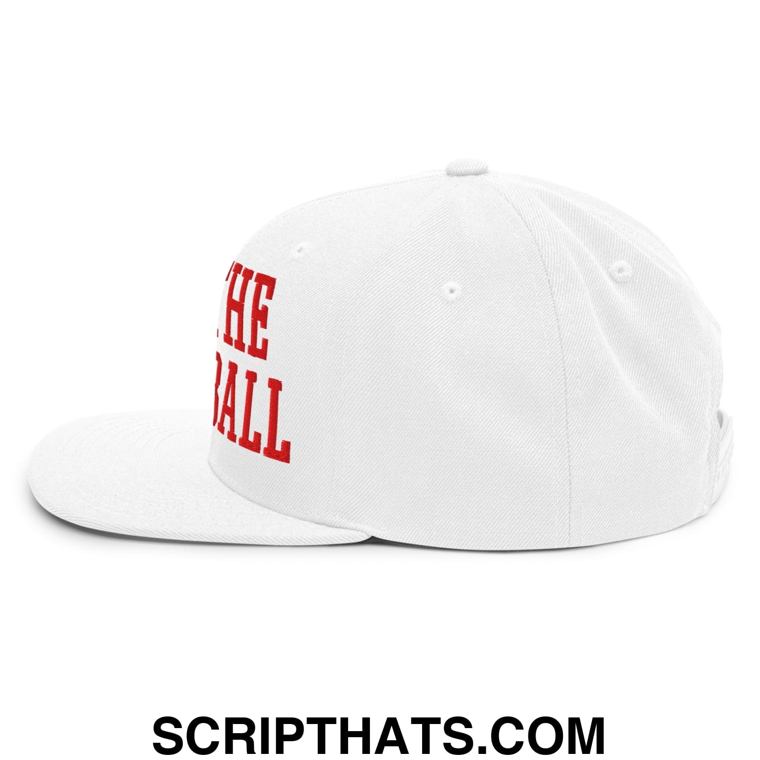White flat bill snapback hat with red embroidered text the ball on the side for casual wear