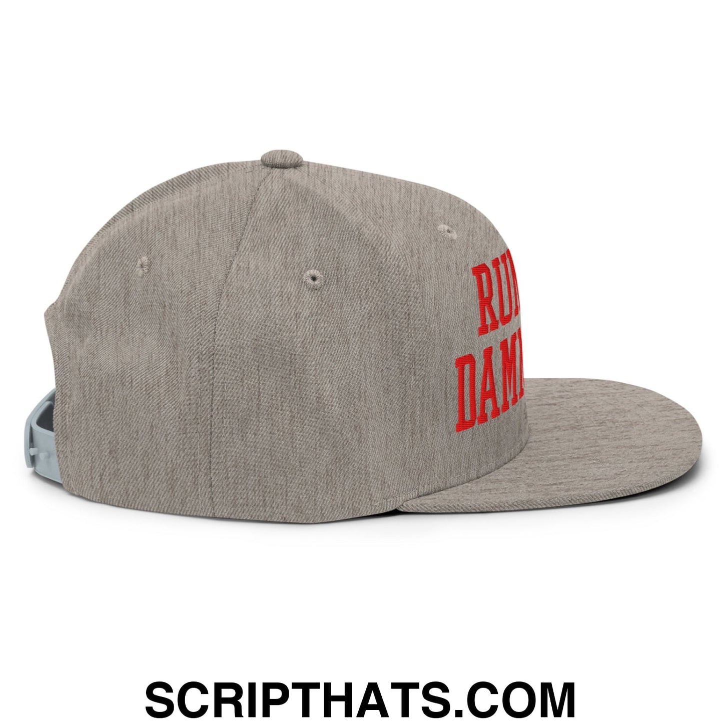 Gray heathered snapback hat with bold red embroidered run the damn ball lettering and flat bill brim