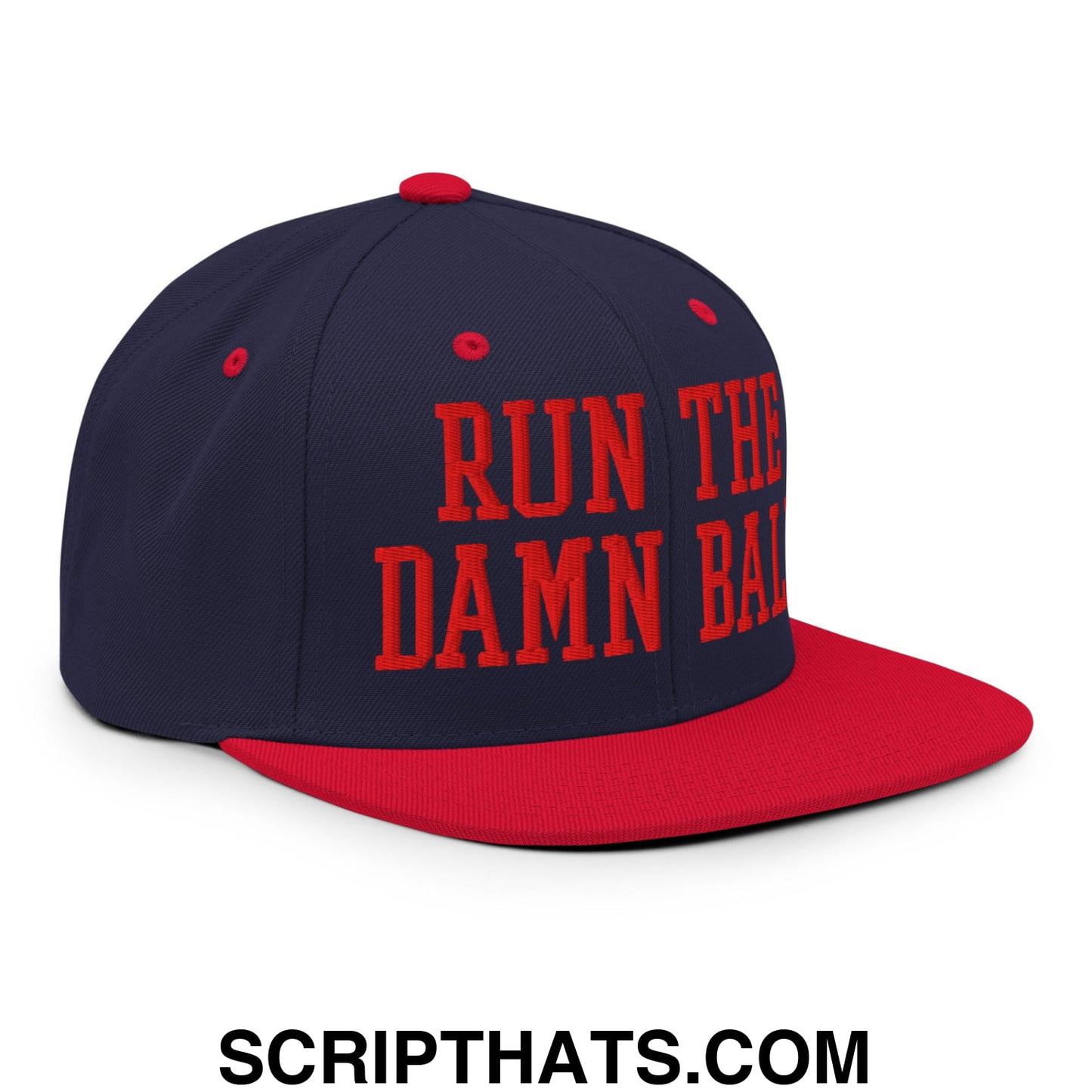 Navy blue and red snapback cap with bold orange embroidered run the damn ball text and flat bill brim design