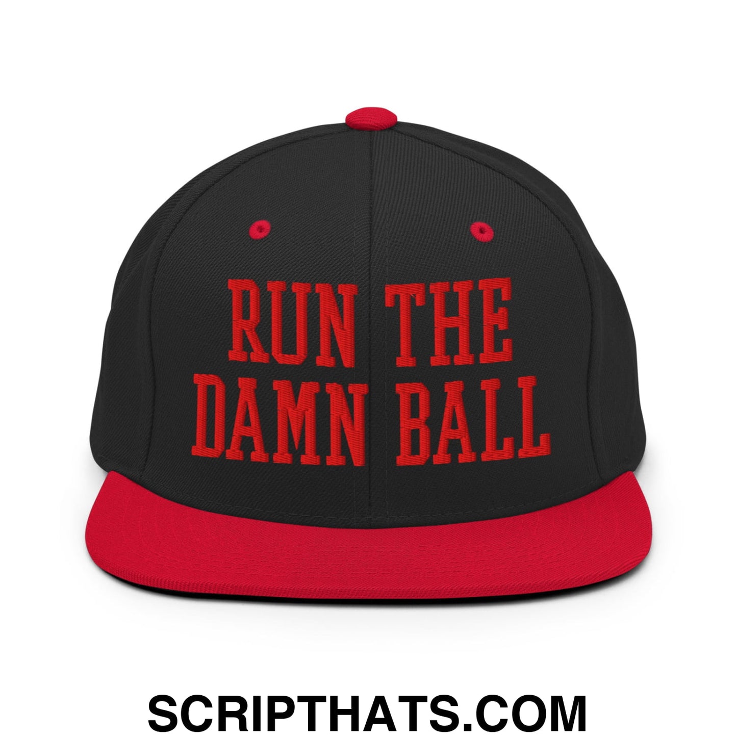 Black snapback cap with red flat bill brim and red embroidered run the damn ball text on front panel