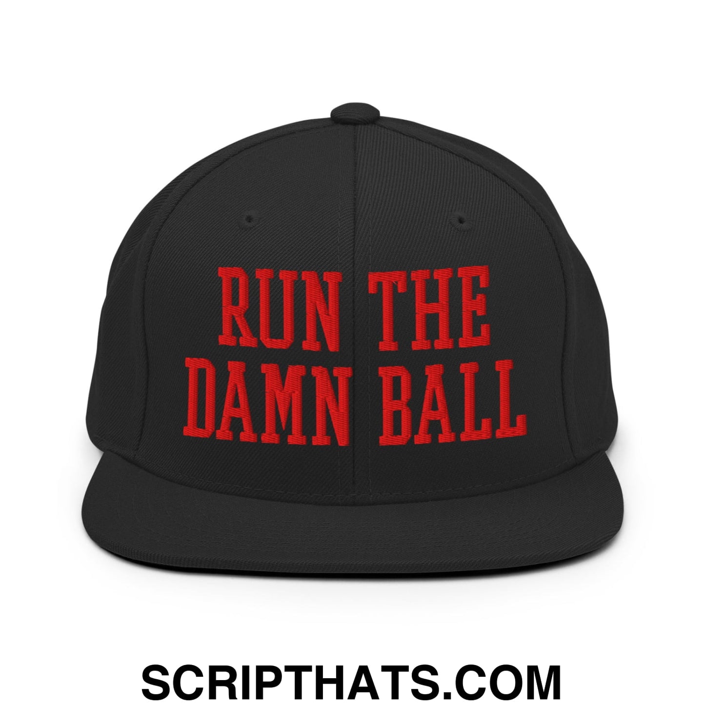 Black snapback cap with bold red embroidered run the damn ball text and flat bill brim for casual wear
