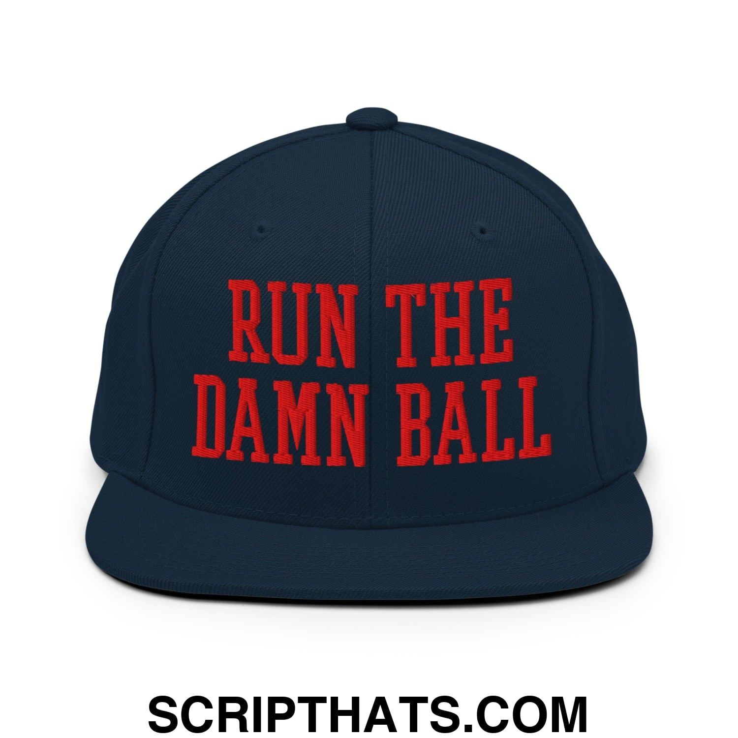 Navy blue snapback hat with bold red embroidered run the damn ball text and flat bill brim design