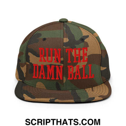 Camouflage snapback hat with bold red embroidered text run the damn ball on a flat bill brim design