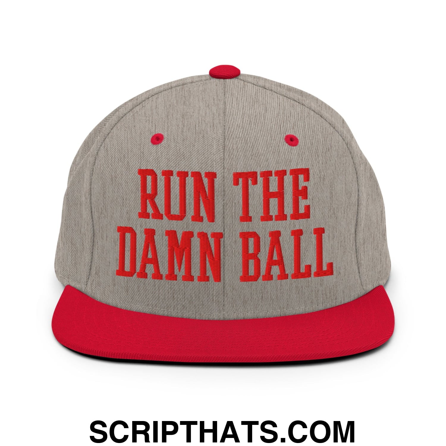 Gray and red snapback cap with bold orange embroidered text run the damn ball on flat bill brim