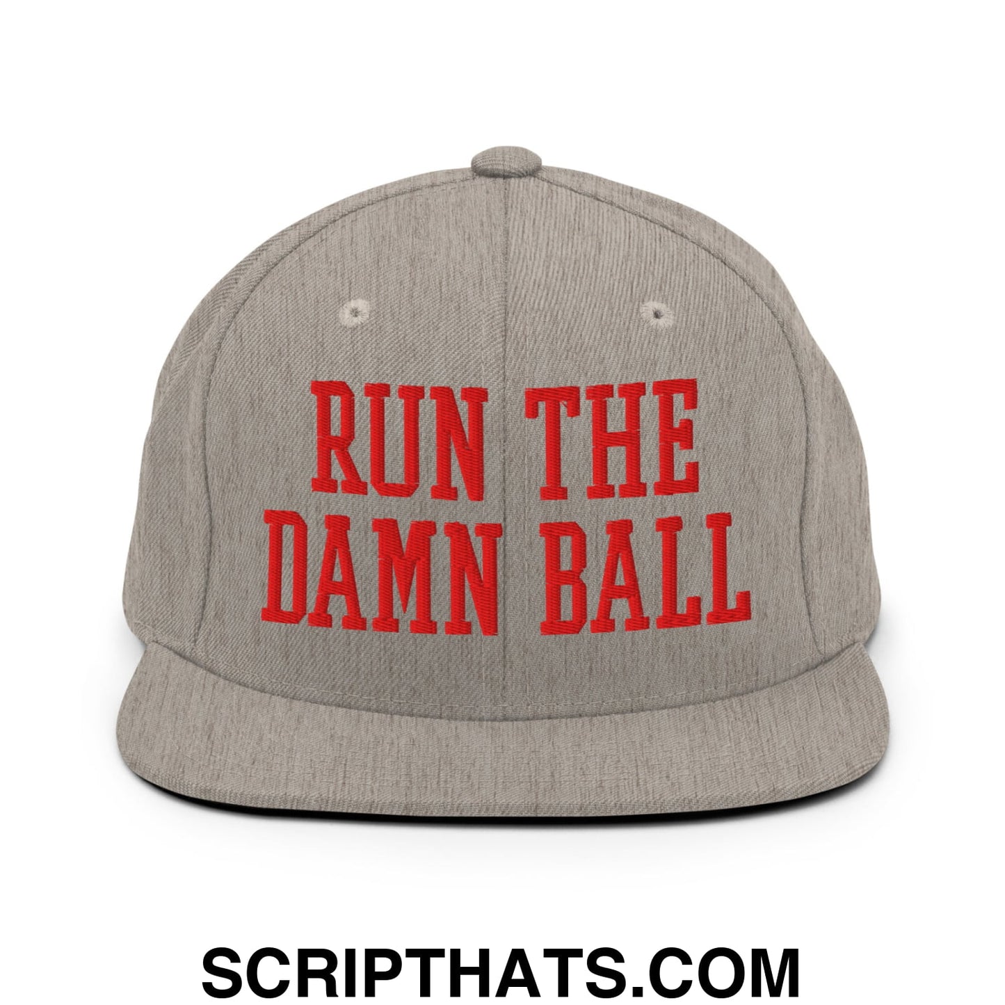 Gray snapback cap with a flat bill brim featuring bold red embroidered text reading run the damn ball