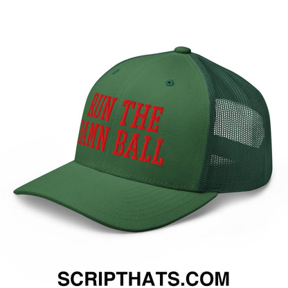 Green mesh trucker hat with red embroidered text run the hamn ball on the front panel