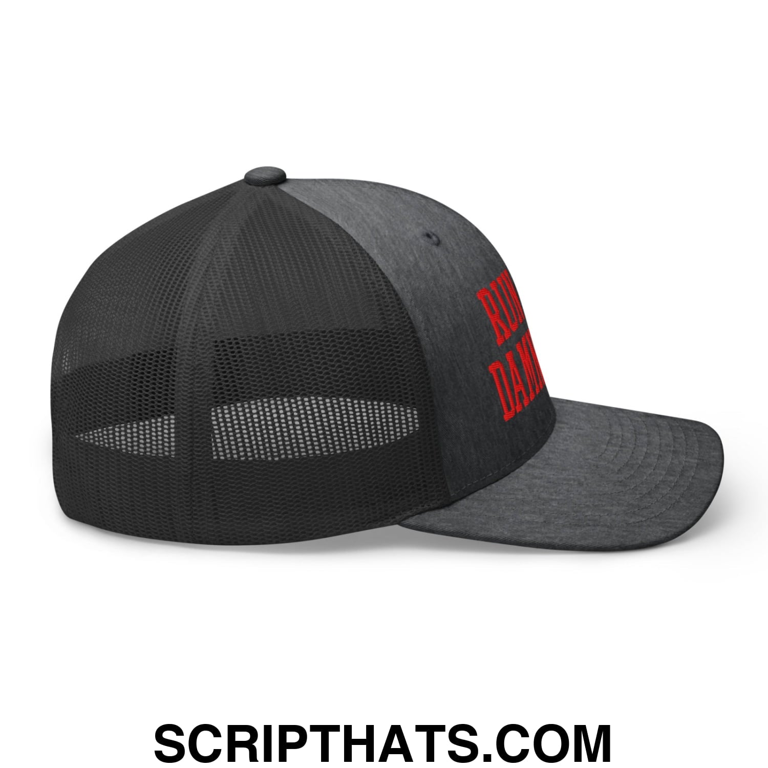 Black mesh trucker hat with red embroidered run the damn ball text on the side for casual wear