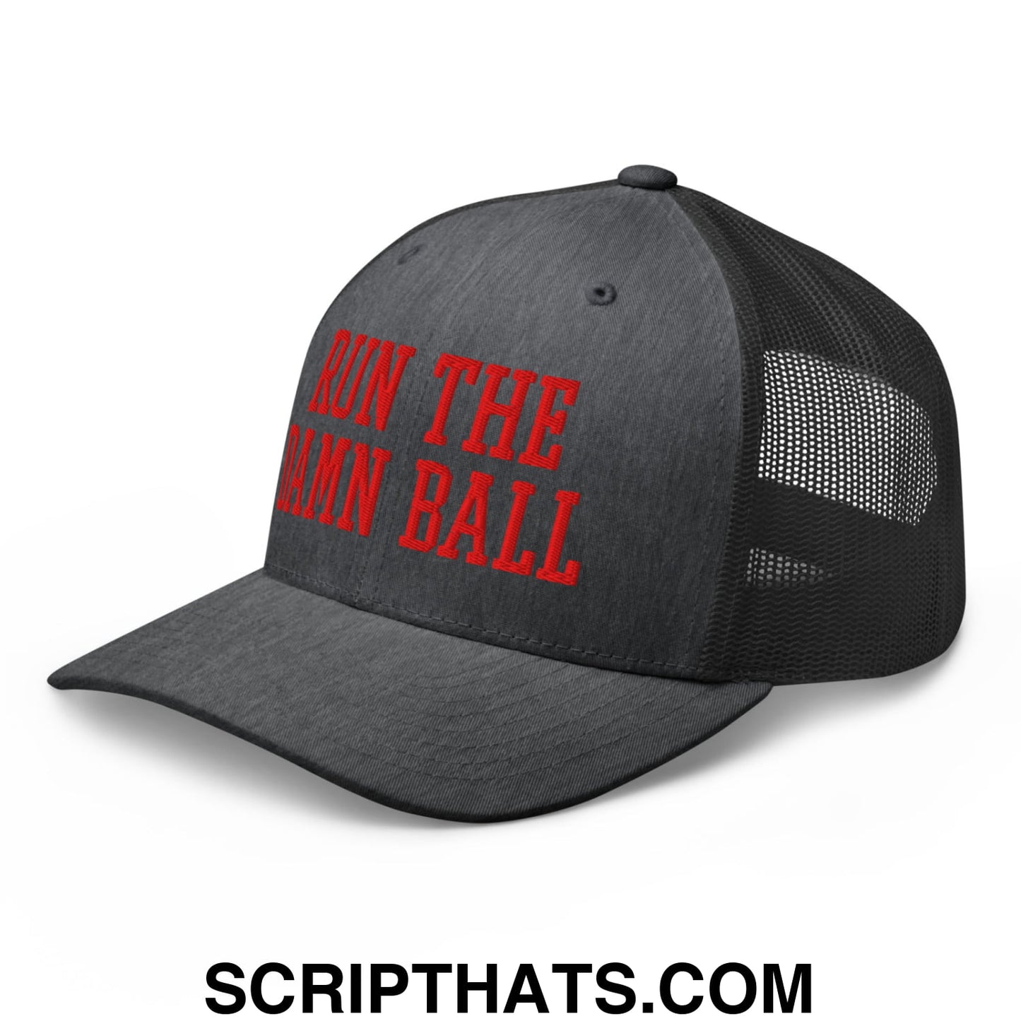 Black mesh trucker hat with red embroidered run the hammer ball text for casual outdoor wear