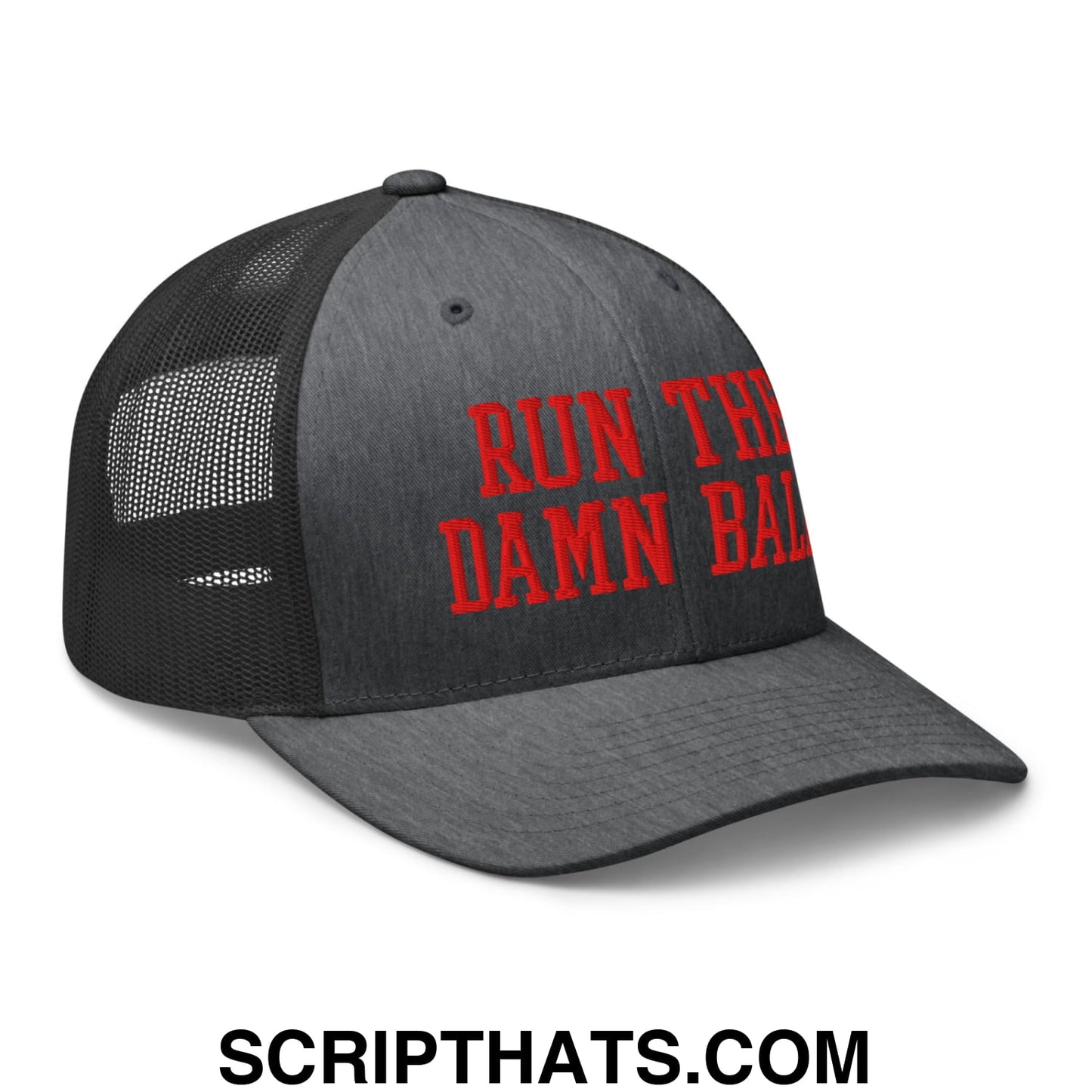 Black mesh trucker hat with red embroidered run the damn ball text on front perfect for casual wear