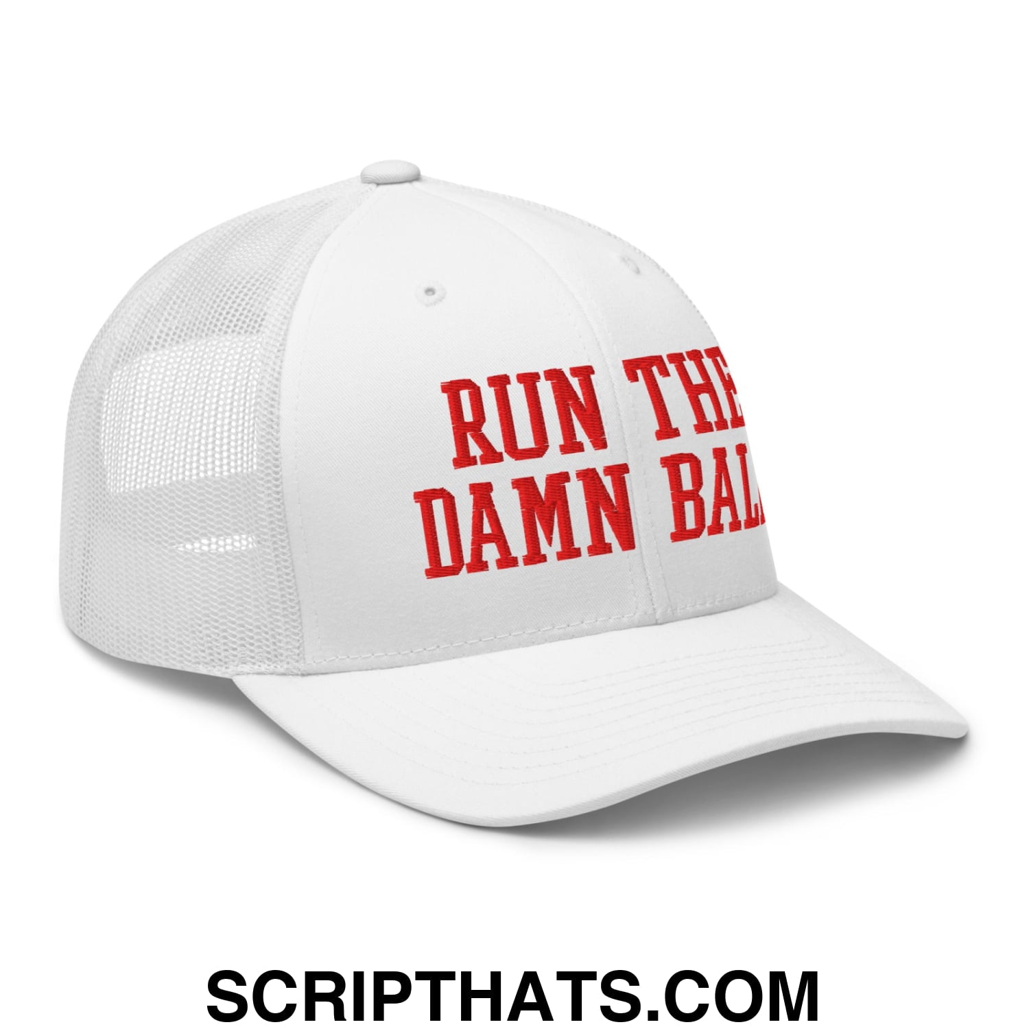 White mesh trucker hat with red embroidered run the damn ball text on front for casual sporty wear