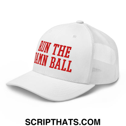 White mesh trucker hat with red run the damn ball embroidered lettering for casual wear and sports fans