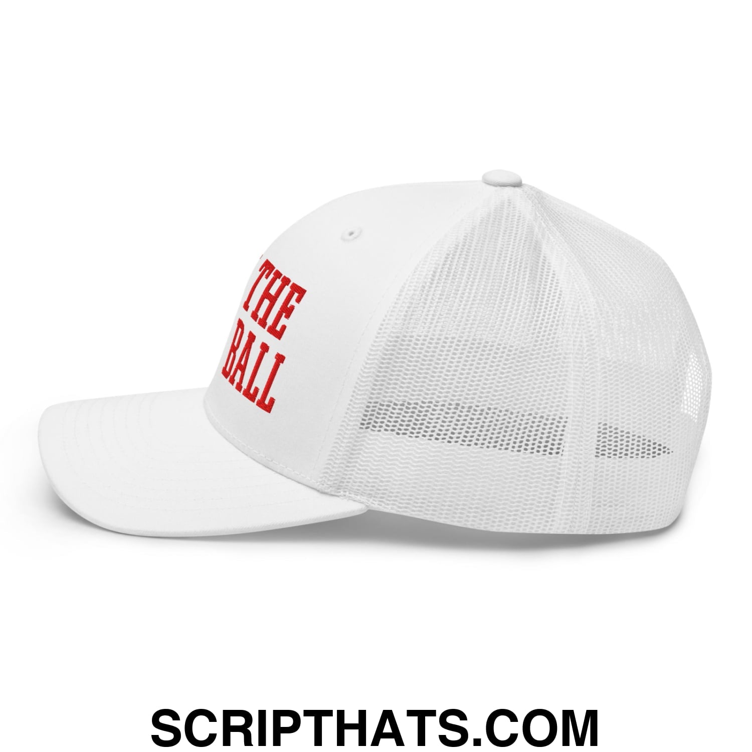 White mesh trucker hat with red embroidered text the ball on front panel for casual wear