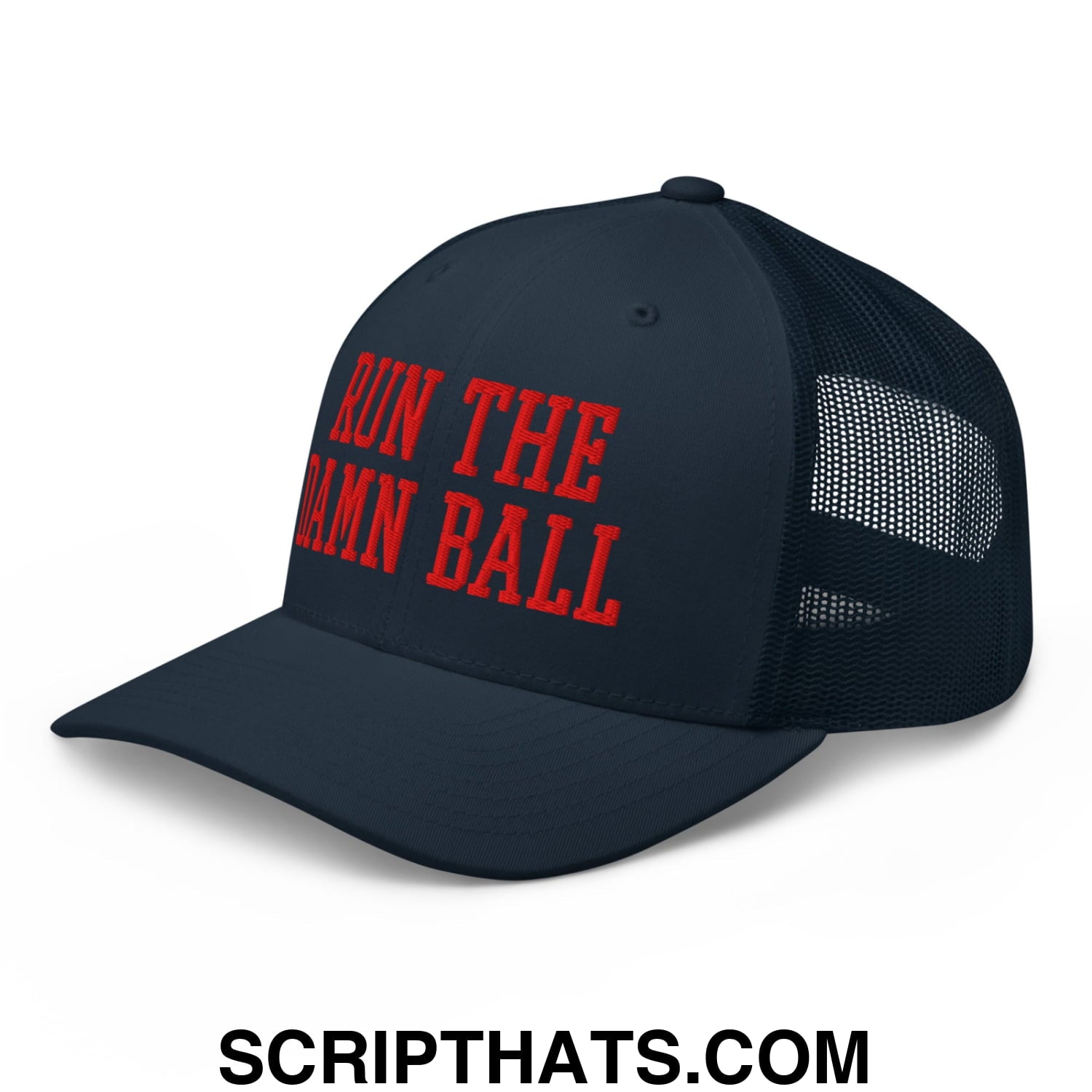 Dark navy mesh trucker hat with bold red embroidered run the damn ball text on the front