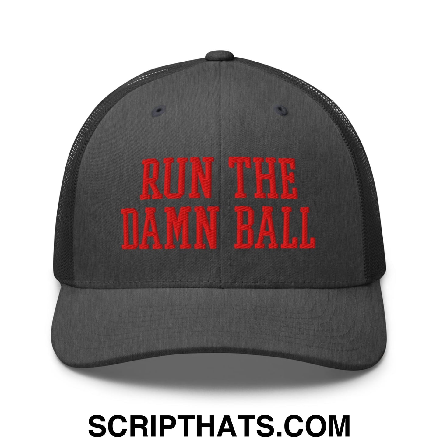 Black mesh trucker hat with red embroidered run the damn ball text perfect for sports fans and casual wear