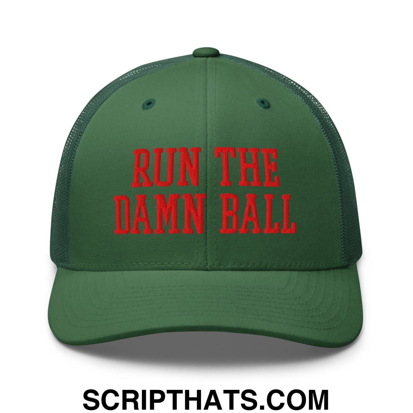 Green mesh trucker hat with red embroidered text run the damn ball in a sporty casual design