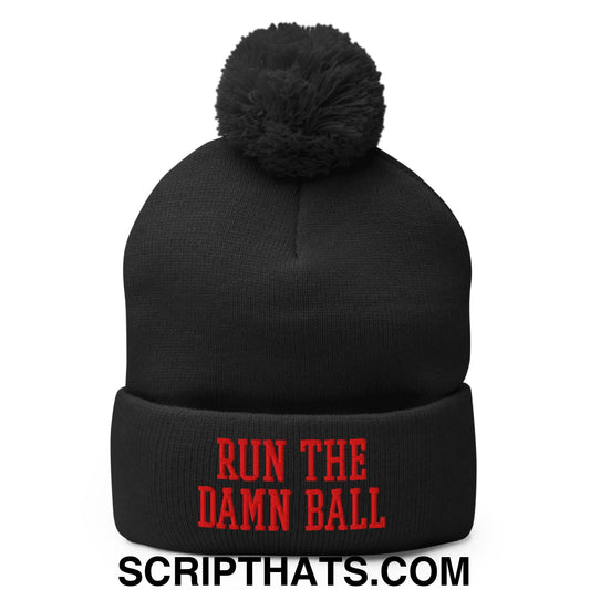 Run The Damn Ball Red Embroidered Pom Pom Knit Beanie Black