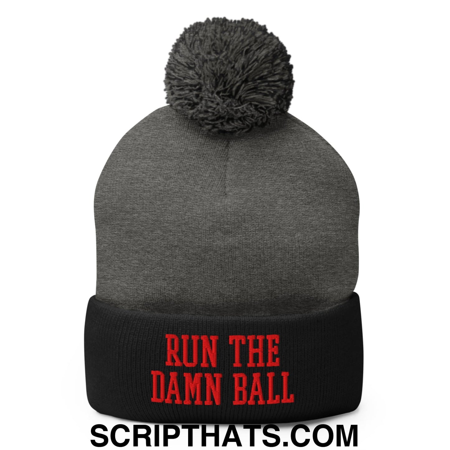Gray knit beanie with black cuff featuring red embroidered run the damn ball text and a matching gray pom pom on top
