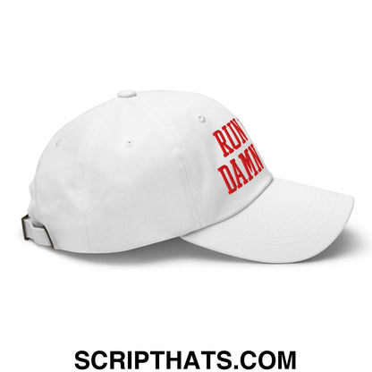 White unstructured dad hat with red embroidered run damn text on the side for casual wear