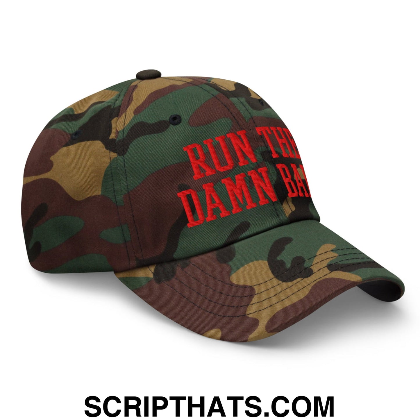A camouflage unstructured dad hat with red embroidered text run the damn race featuring a comfortable fit