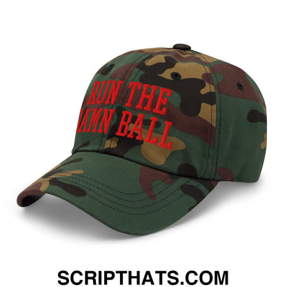 A camouflage unstructured dad hat with bold red embroidered run the hann ball text across the front
