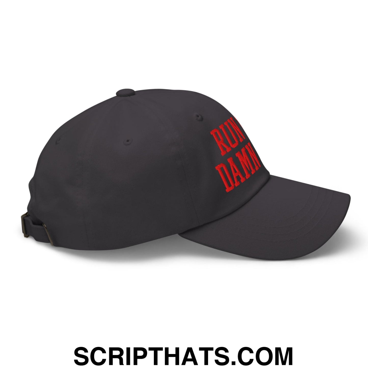 Black unstructured dad hat with red embroidered run damn text on the side for casual wear