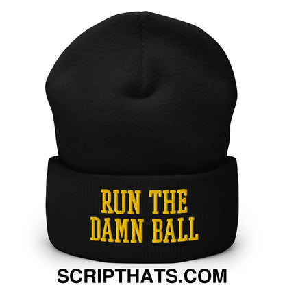Run The Damn Ball Yellow Embroidered Cuffed Knit Beanie Black