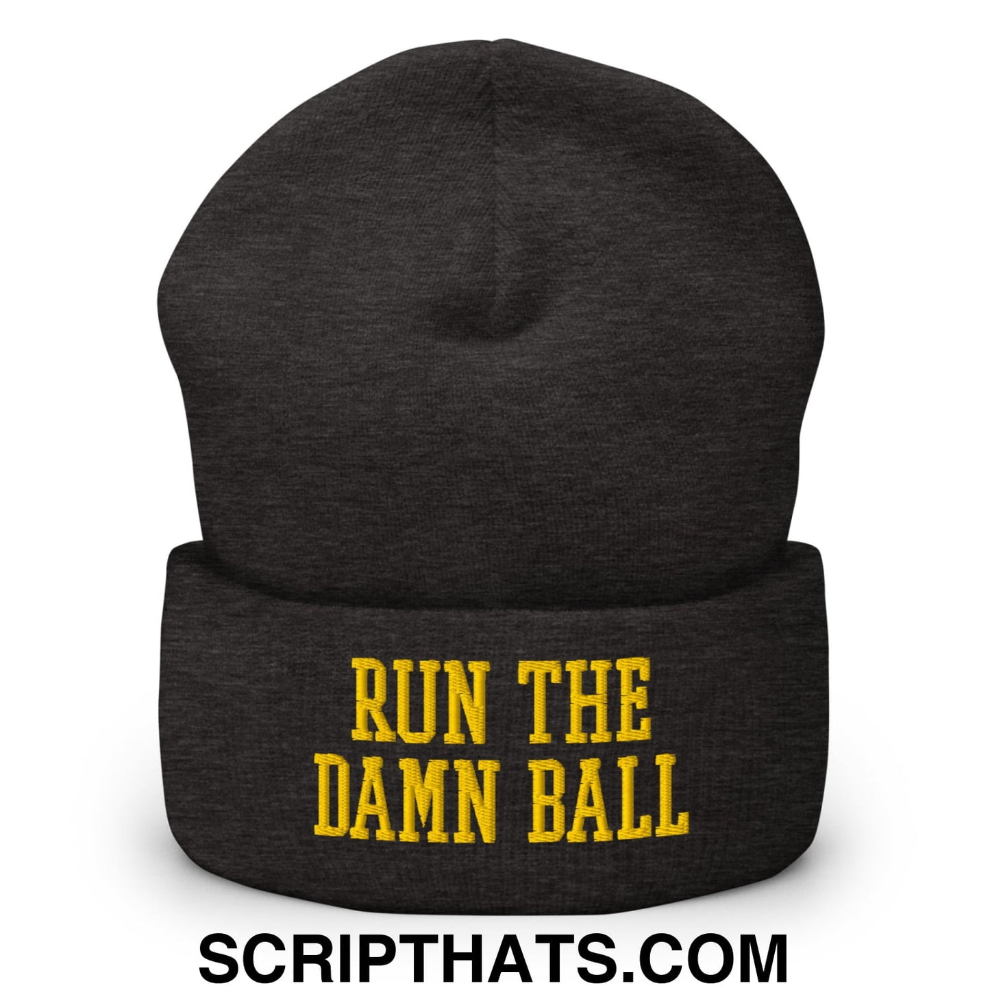 Run The Damn Ball Yellow Embroidered Cuffed Knit Beanie Dark Grey