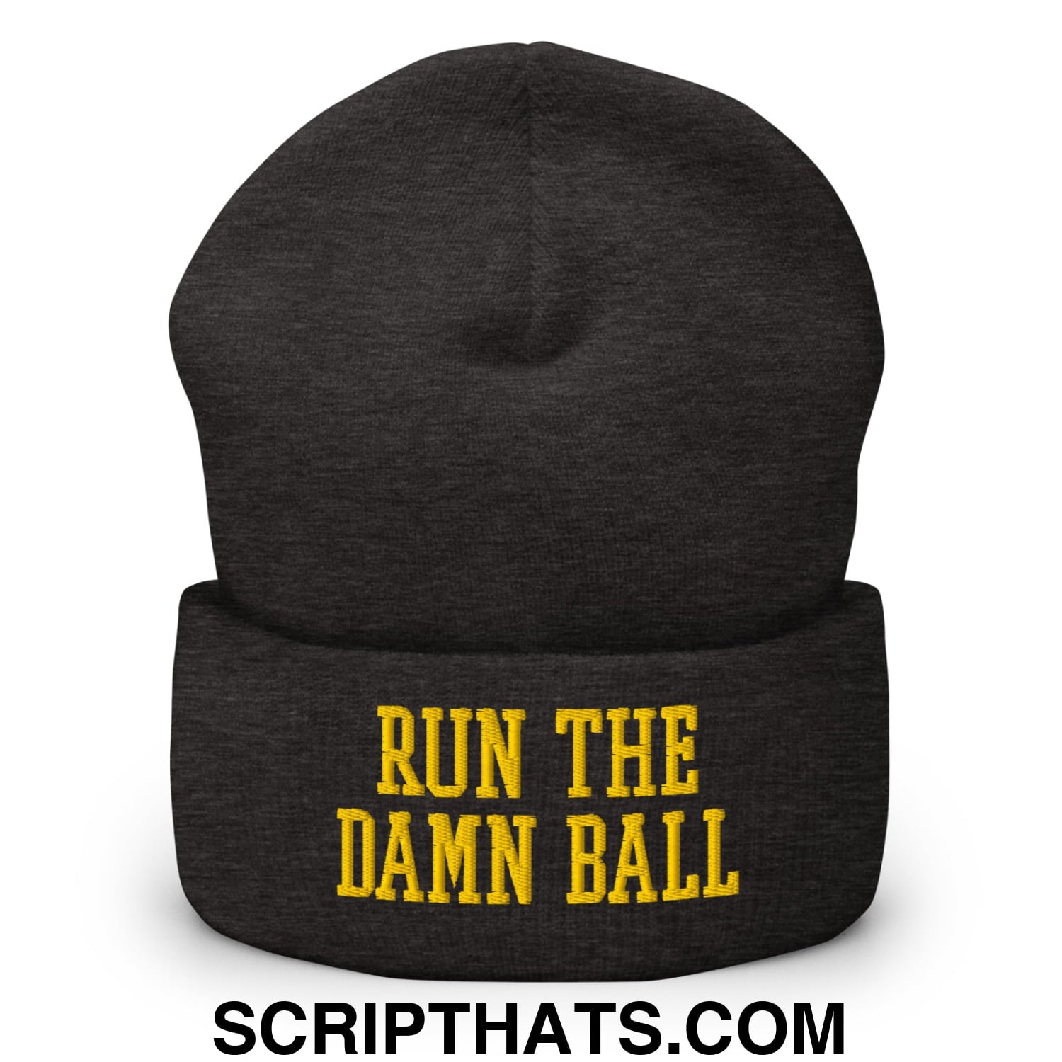 Run The Damn Ball Yellow Embroidered Cuffed Knit Beanie Dark Grey