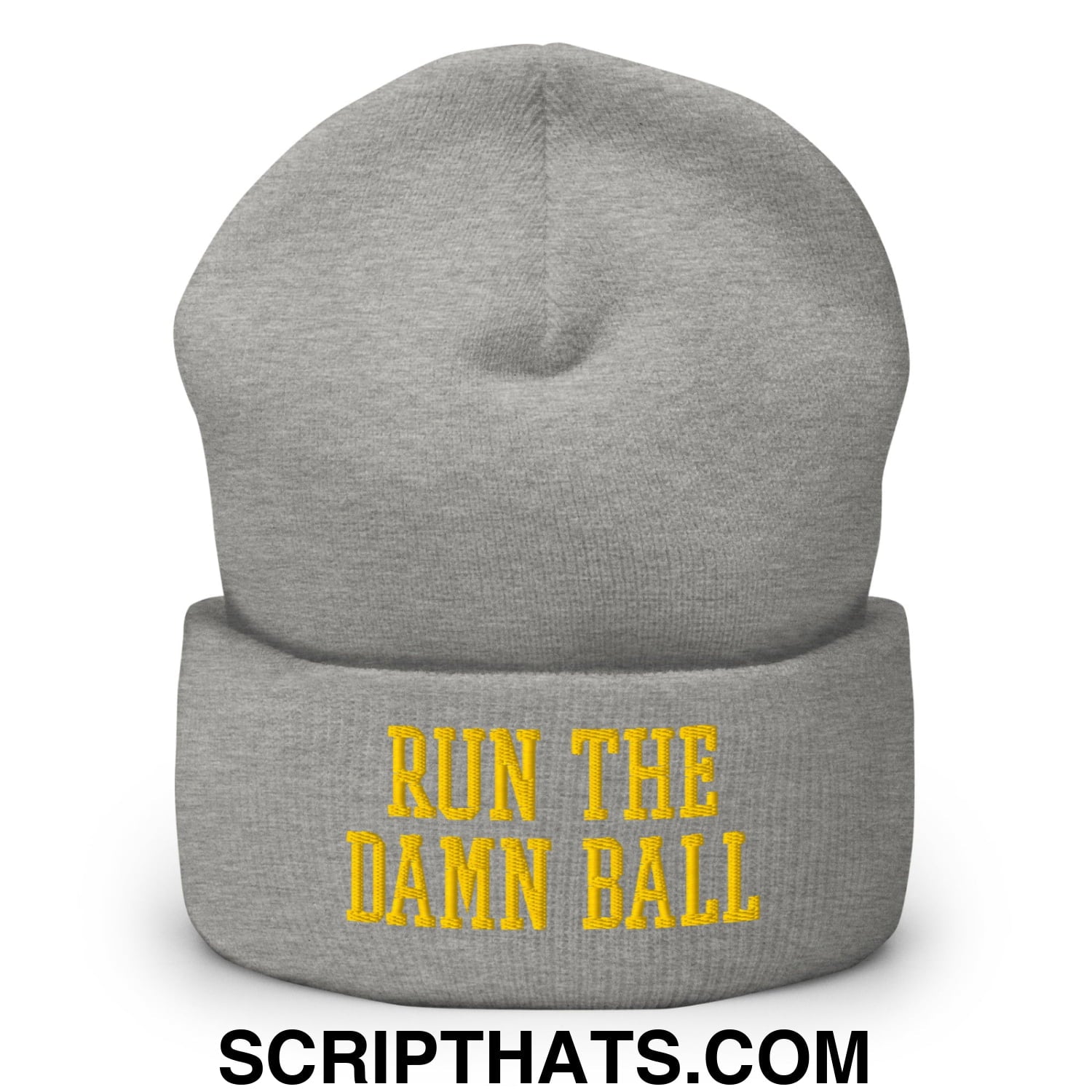 Run The Damn Ball Yellow Embroidered Cuffed Knit Beanie Heather Grey