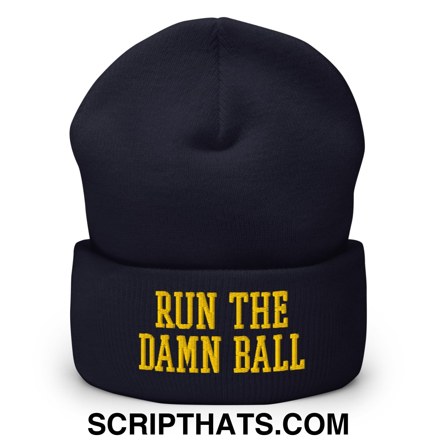 Run The Damn Ball Yellow Embroidered Cuffed Knit Beanie Navy