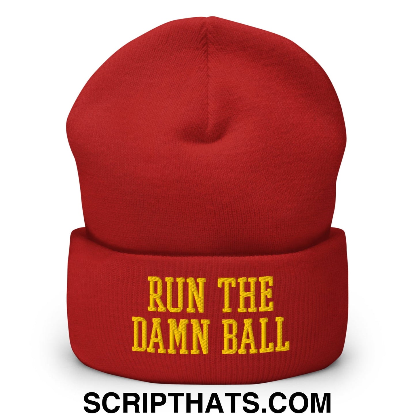 Run The Damn Ball Yellow Embroidered Cuffed Knit Beanie Red