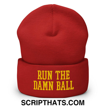 Run The Damn Ball Yellow Embroidered Cuffed Knit Beanie Red