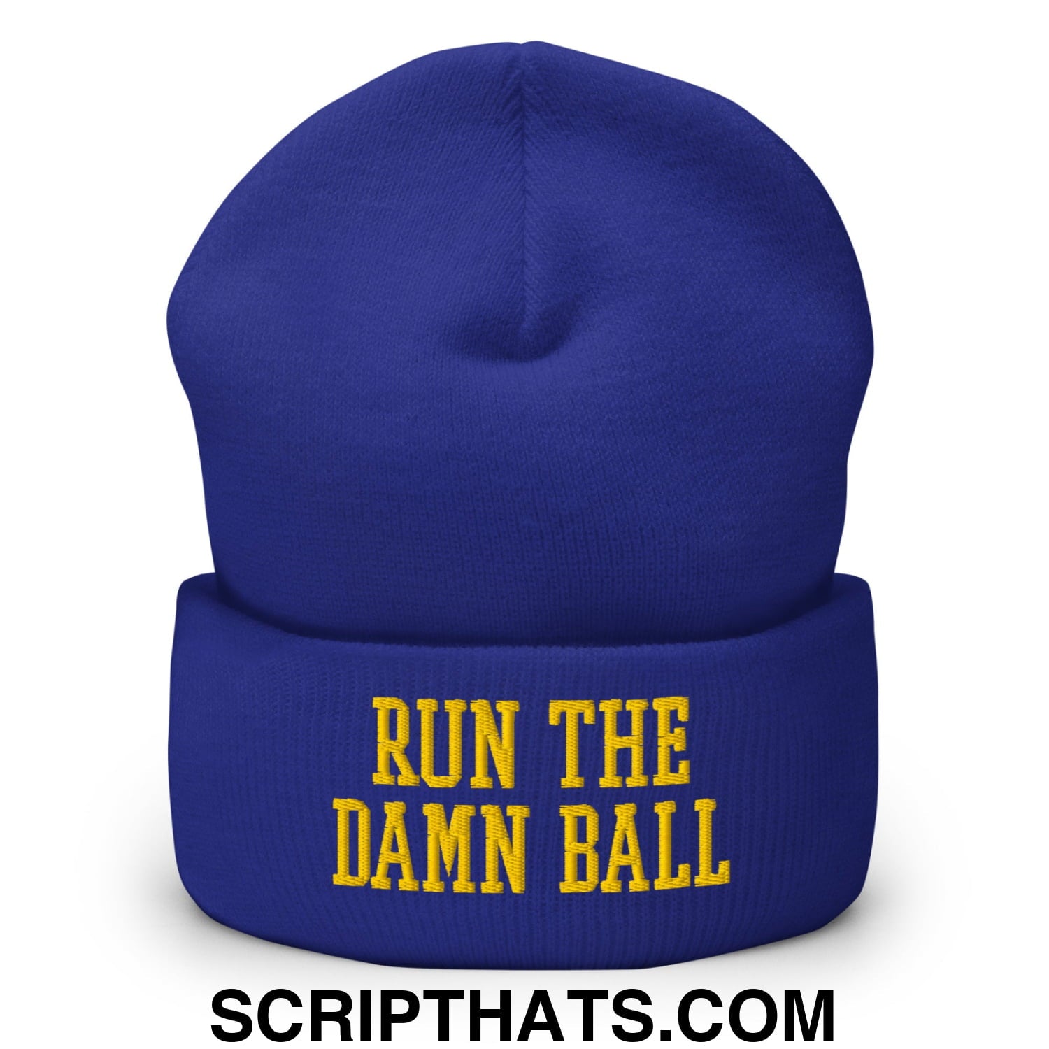 Run The Damn Ball Yellow Embroidered Cuffed Knit Beanie Royal