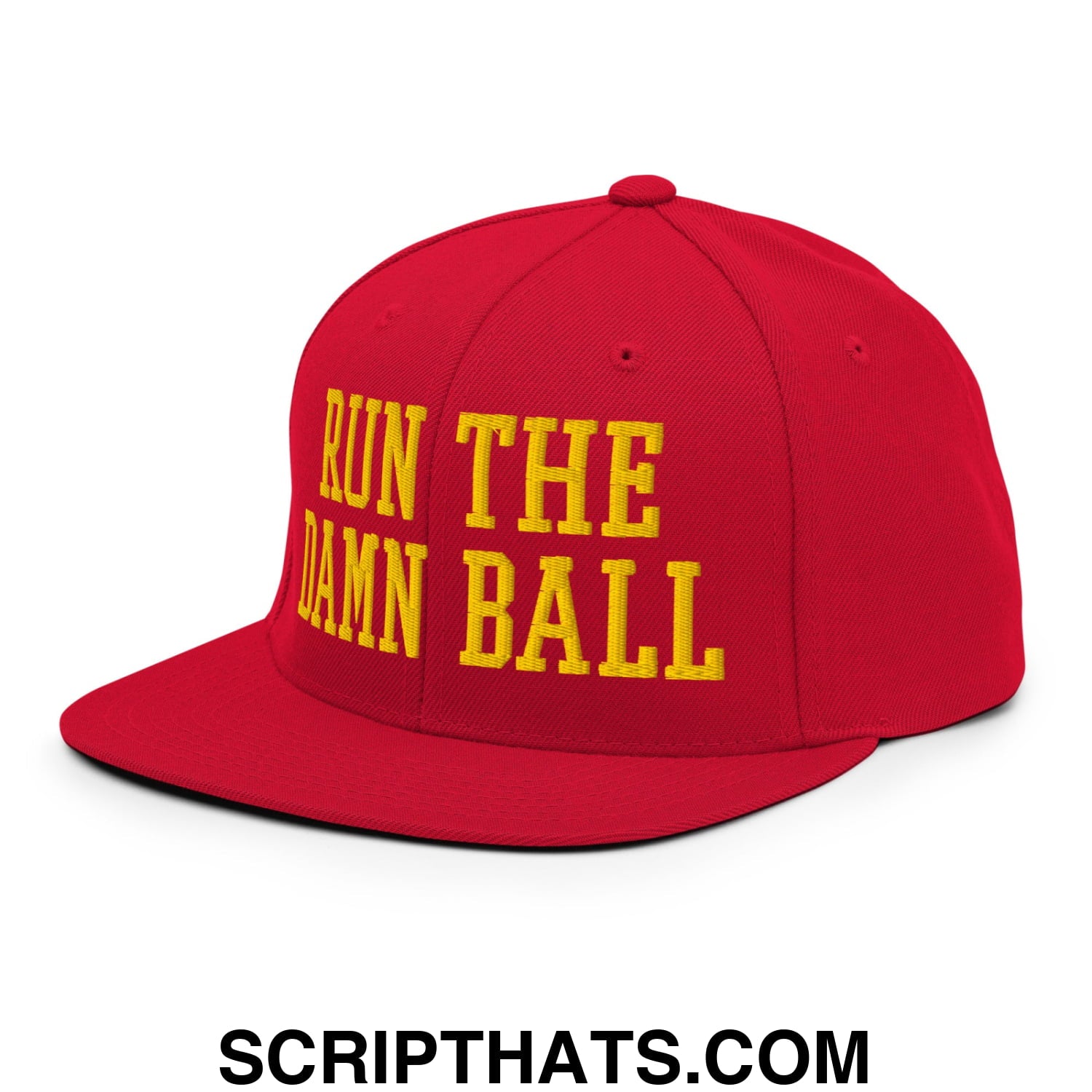 Run The Damn Ball Yellow Embroidered Flat Bill Brim Snapback Hat Red