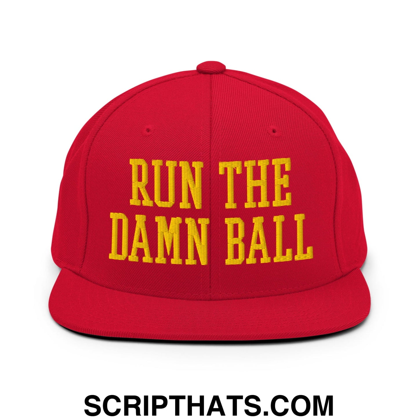 Run The Damn Ball Yellow Embroidered Flat Bill Brim Snapback Hat Red