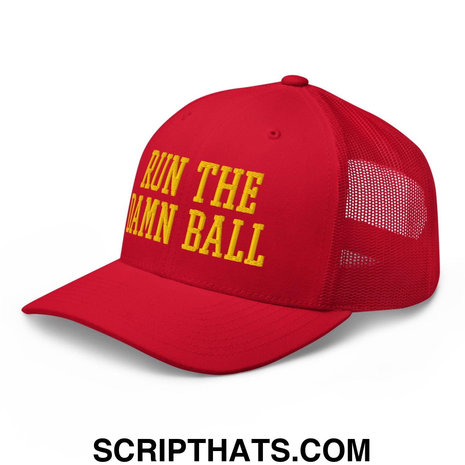 Run The Damn Ball Yellow Embroidered Mesh Trucker Hat Red