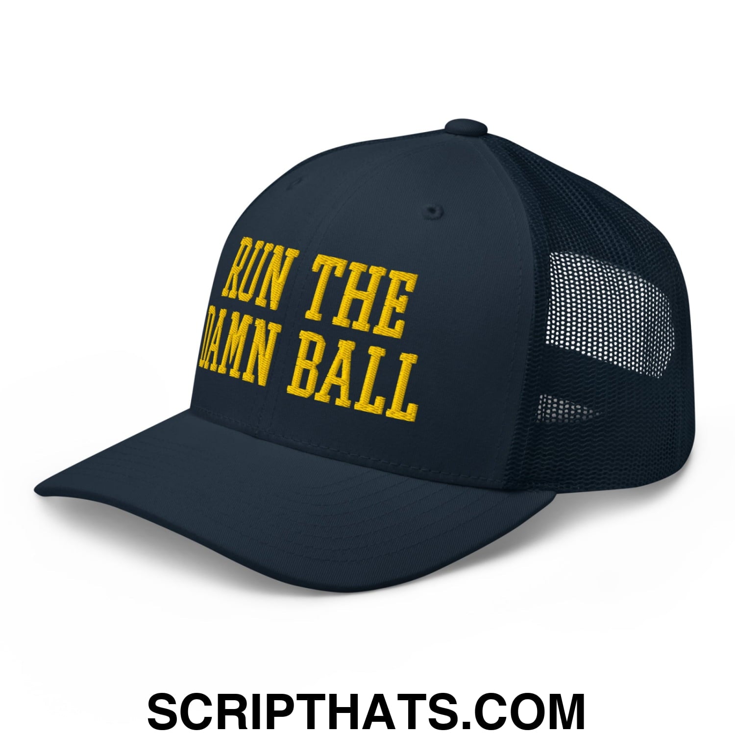 Run The Damn Ball Yellow Embroidered Mesh Trucker Hat Navy