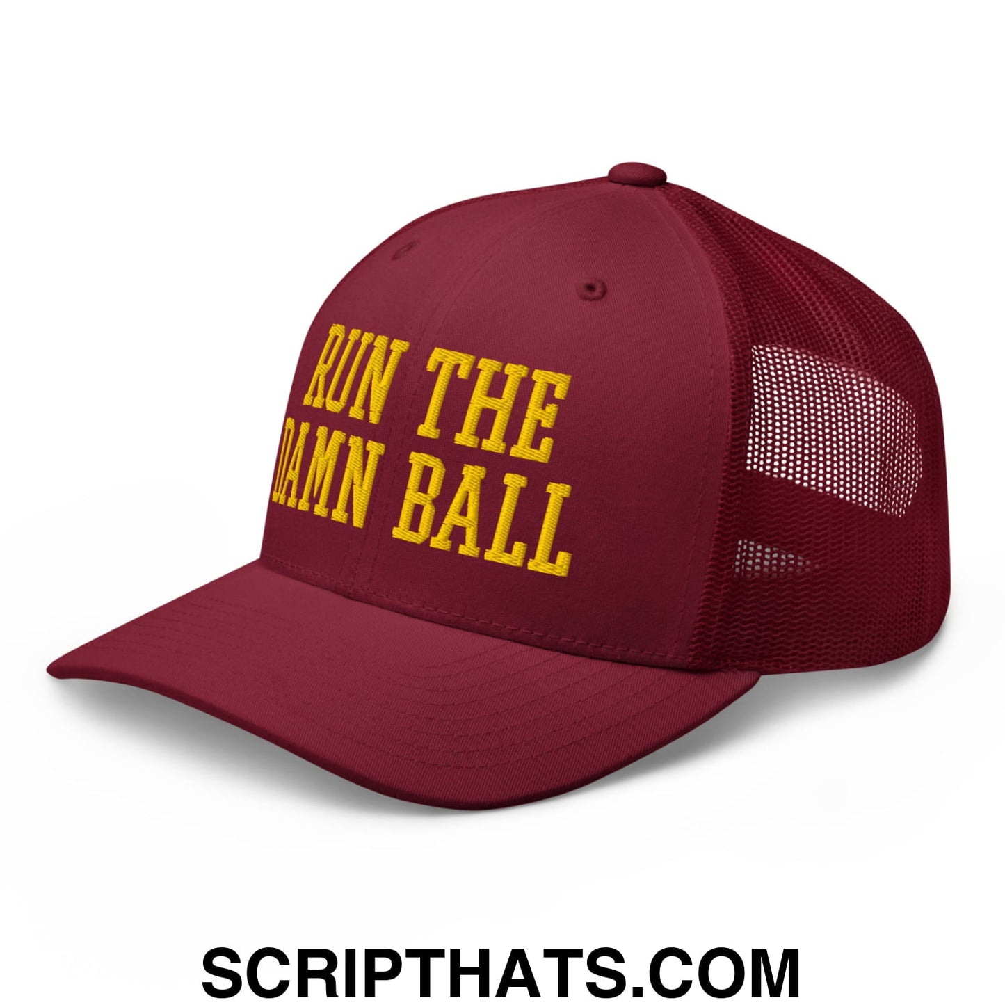 Run The Damn Ball Yellow Embroidered Mesh Trucker Hat Cranberry