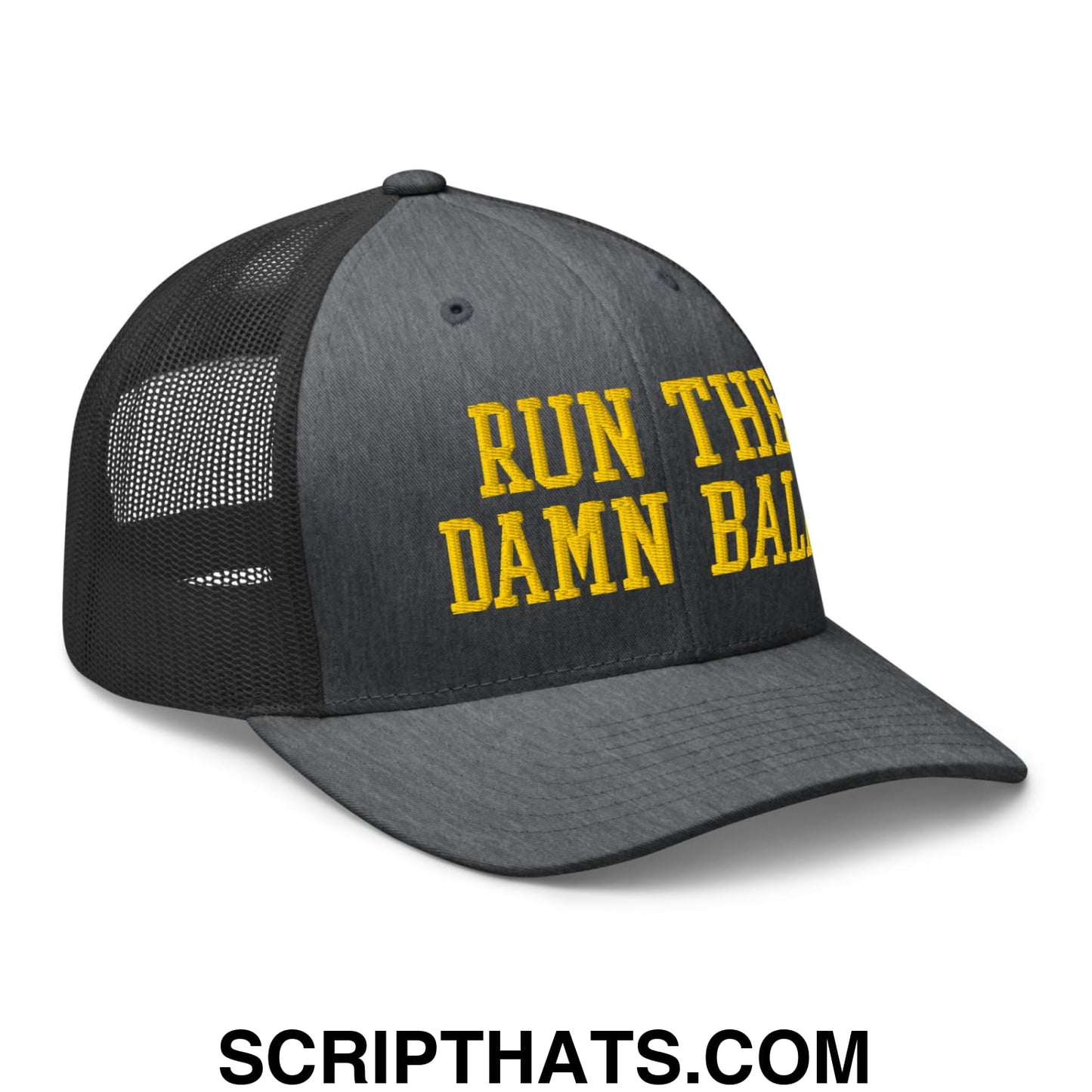 Run The Damn Ball Yellow Embroidered Mesh Trucker Hat Dark Heather Gray