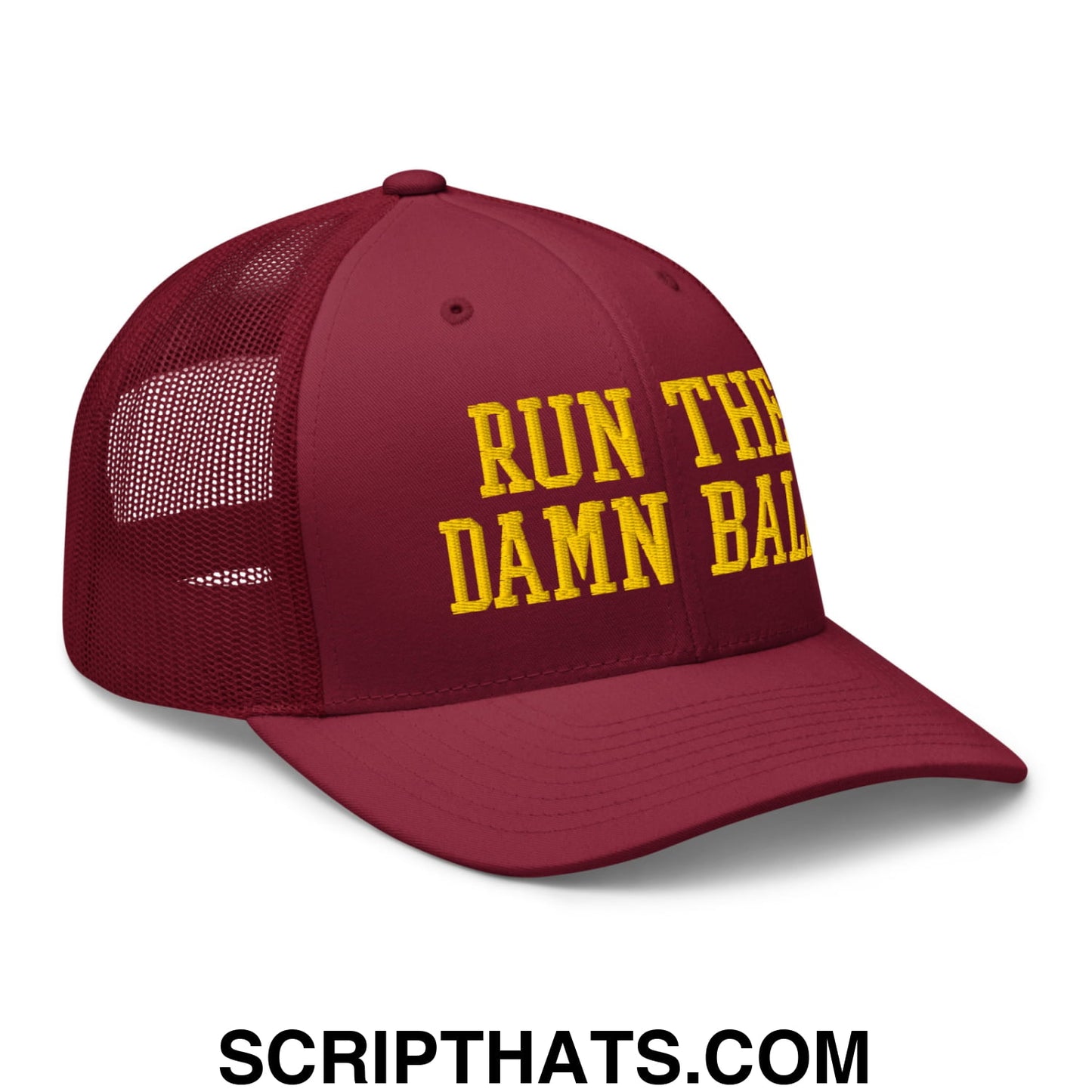 Run The Damn Ball Yellow Embroidered Mesh Trucker Hat Cranberry